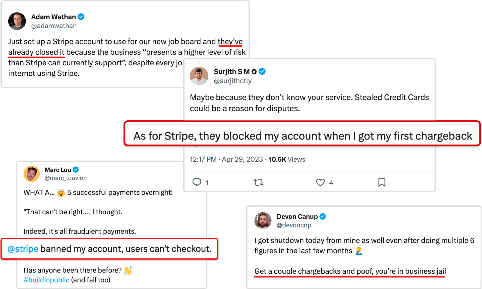 A tweet showing a solopreneur getting banned from Stripe for one dispute