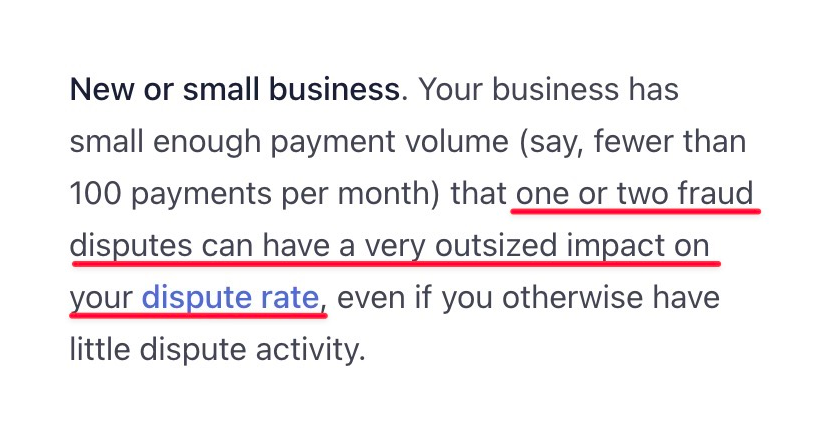 A screenshot of Stripe documentation showing the dispute rate limit for small businesses