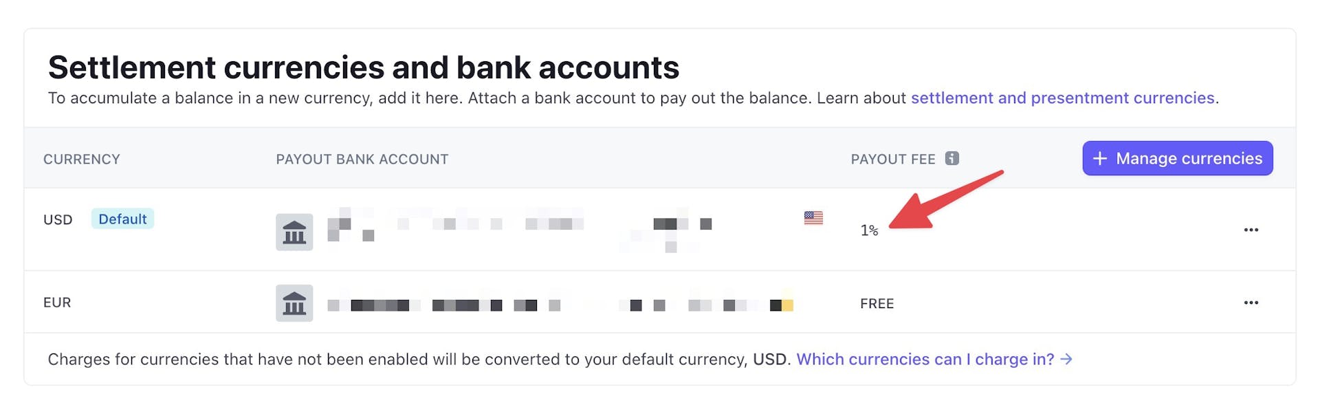 A Stripe bank accounts setup showing the payout fees for USD and EUR