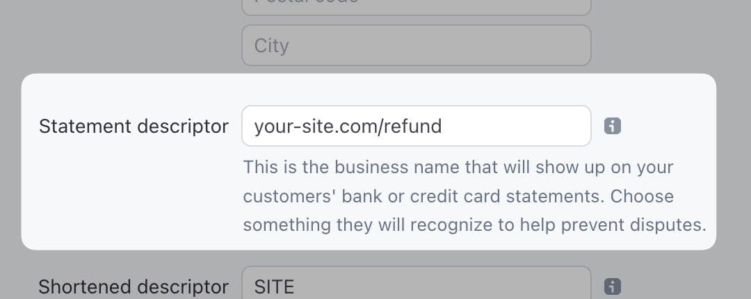 Stripe account setup showing how to add a statement descriptor to prevent fraud
