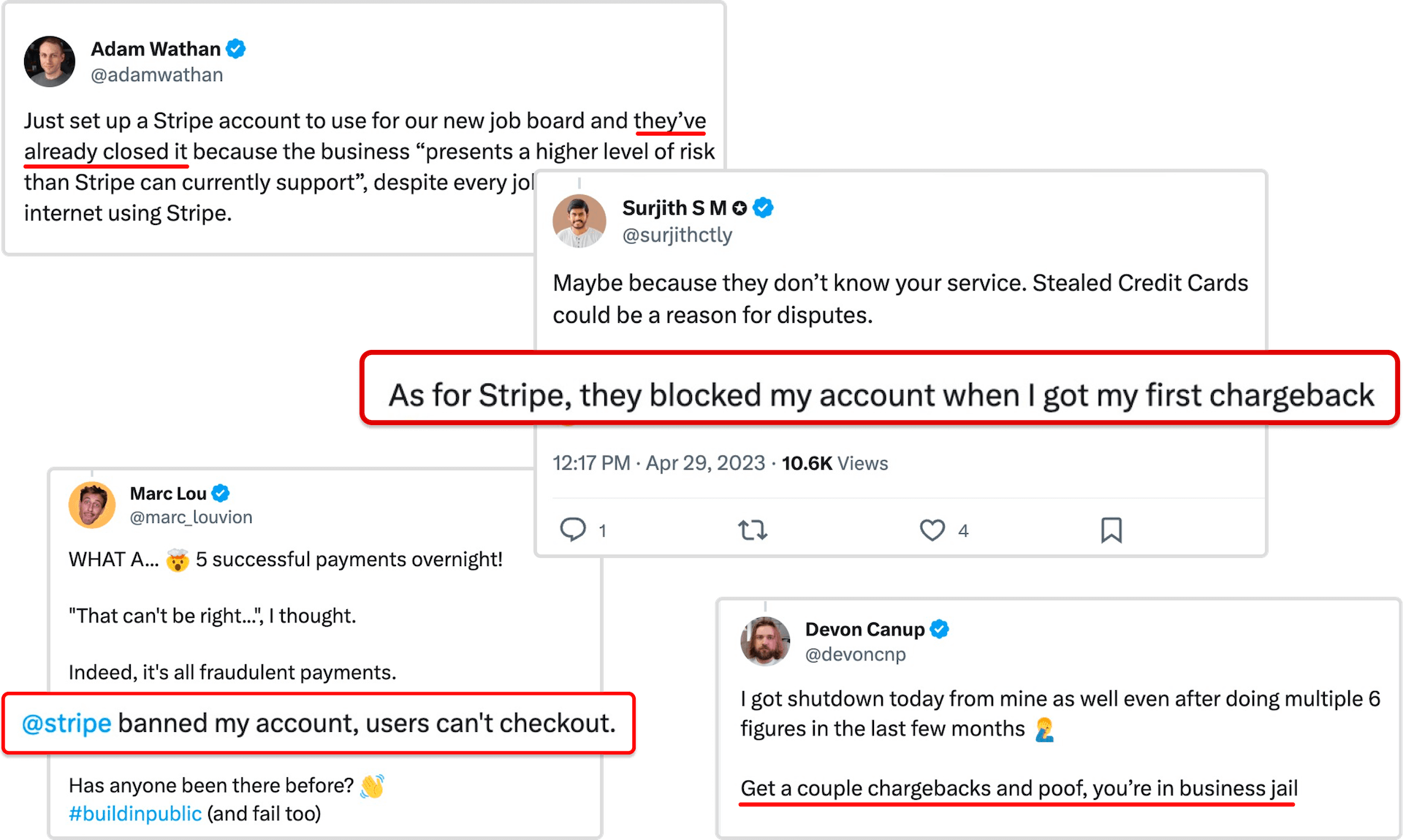 A tweet showing a solopreneur getting banned from Stripe for one dispute